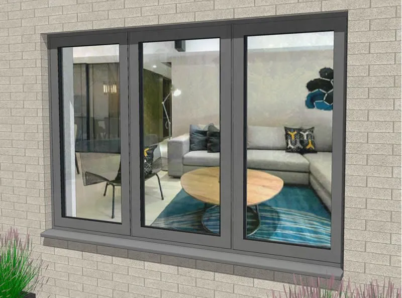 Grey aluminium three-light casement window set into a brick facade