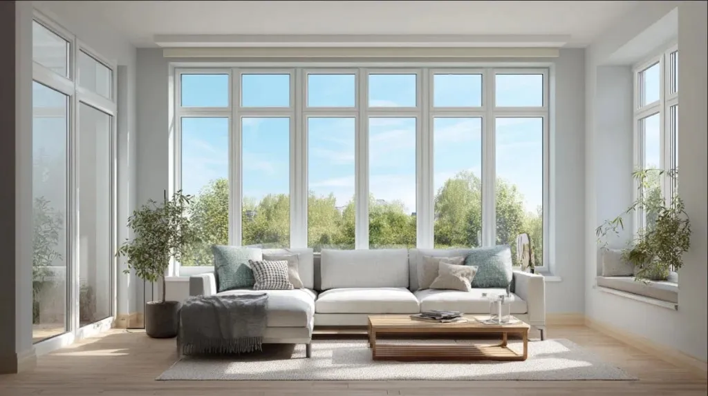 Bright living room with a wide white aluminium window and garden view