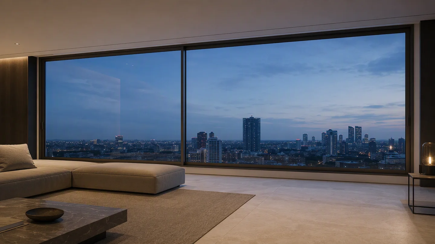 High-rise living room with 95 series sliding window onto a city skyline